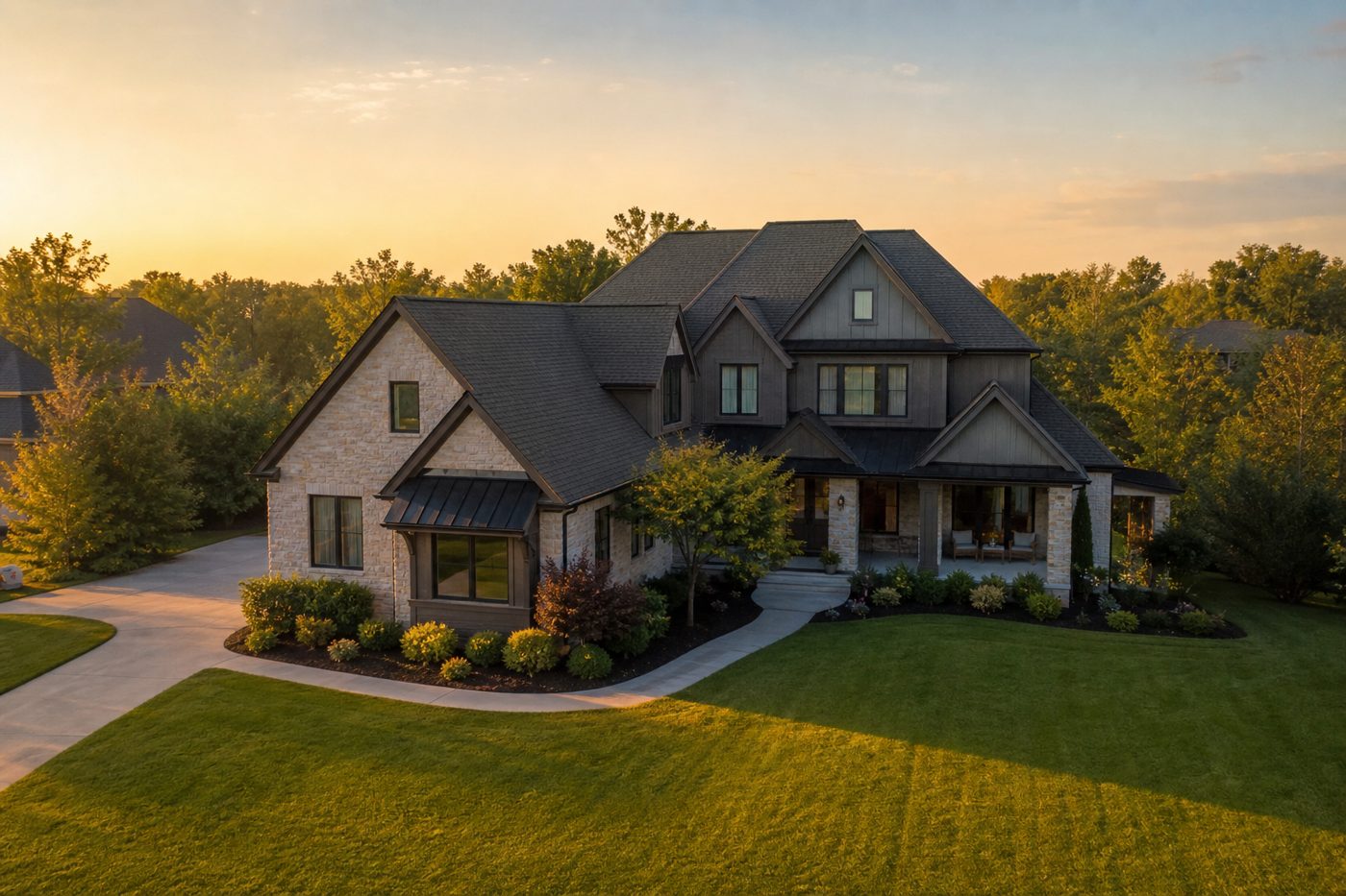 Drone capturing aerial footage over a suburban home at golden hour