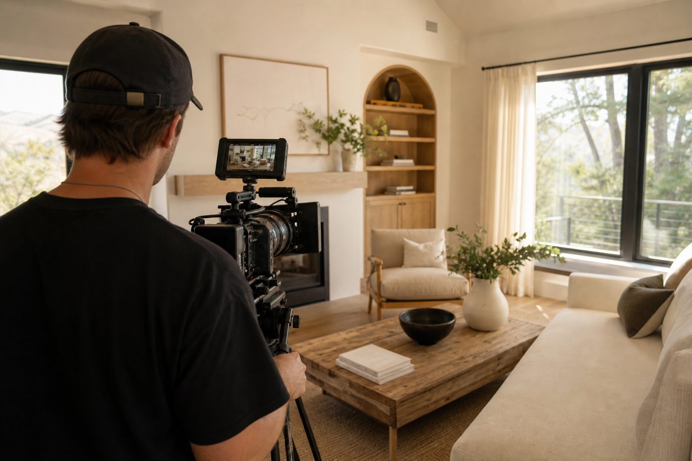 Videographer filming a bright living room for a real estate listing
