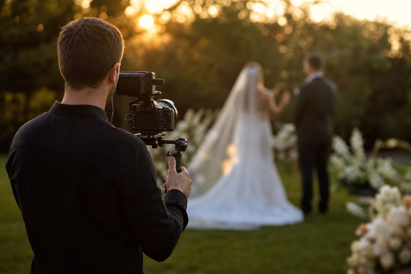 Wedding filmmaker capturing an outdoor ceremony at golden hour